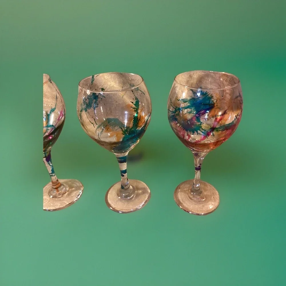 4 Large Multicolored Hand-Painted Wine Glasses-9